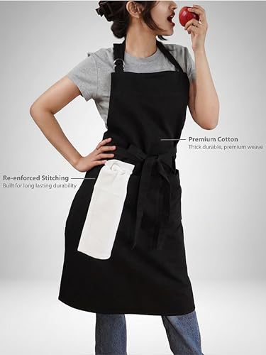Image of Kitchen Apron - 100% Cotton, Adjustable Neck strap, Large Pocket - Unisex Apron for Men & Women - Cooking, Baking, BBQ, Gardening - Solid Colours, Striped and Checkered Patterns
