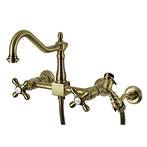 Kingston Brass KS1243AXBS Heritage 8-Inch Wall Mount Kitchen Faucet with Brass Sprayer, Antique Brass