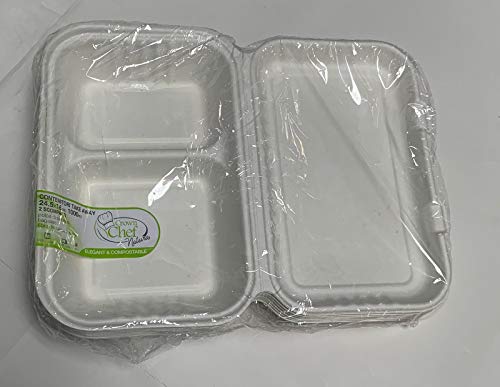 Recipientes Take away Brenta Bio 24,5 x 16 cm, dos compartimentos de 1000 ml de pulpa de celulosa y fibras de caña de azúcar para microondas y horno, cartón con 10 coneciones de 25 unidades
