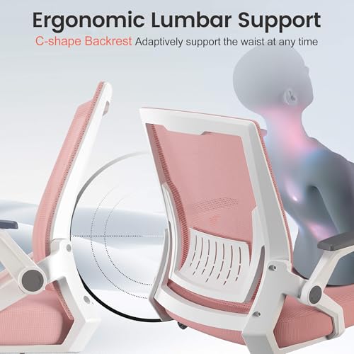 Image of GTPLAYER Ergonomic Office Chair with Flip-up Armrests Executive Computer Chair for Home Office, Breathable Mesh & Comfy Lumbar Support, Pink