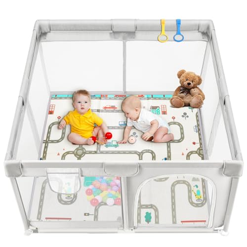 Momax Baby Playpen with Mat 47"x47" Play Pen for Babies and Toddlers - Large Playpen Safe Baby Playards Activity Center Indoor & Outdoor,Light Grey Toddler Playpen with Mesh Gate Kids Play Area