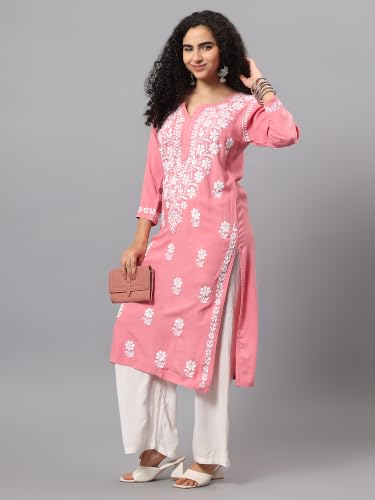 Image of Seva Chikan Hand Embroidered Lucknowi Chikankari Rayon Straight Kurta for Women SCL4532