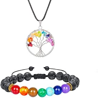 YATSKIA 7 Chakra Tree of Life Necklace Pendant w/Lava Bracelet - Healing Crystal Necklace Pendant - Crystal Bracelet - Crystals and Gemstones - Chakra Bracelets - Spiritual Gifts for Women,men