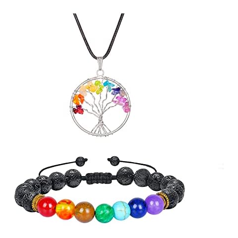 YATSKIA 7 Chakra Tree of Life Necklace Pendant w/Lava Bracelet - Healing Crystal Necklace Pendant - Crystal Bracelet - Crystals and Gemstones - Chakra Bracelets - Spiritual Gifts for Women,men Cover