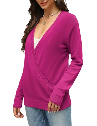 Softome Cut Out Open V Back Pullover Sweaters For Women Long Sleeve Crewneck Warm Winter Sweater Tops Hot Pink Large thumb #4