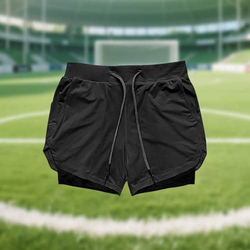 Pantalones cortos de correr 2 en 1 para hombre, pantalones cortos deportivos transpirables de secado rápido, pantalones cortos deportivos elásticos con bolsillos y lazo para toalla, Negro -, Large