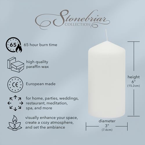 Stonebriar 3 Pack Tall 3 x 6 Inch 65 Hour Long Burning Unscented White Wax Pillar Candles