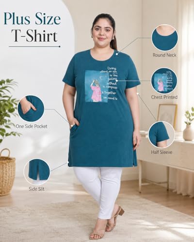 Image of In Love Women's Printed Cotton Plus Size Longline T-Shirt with Pockets | Cotton fabric - soft longline T-shirt with easy plus-size fit
