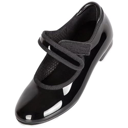Asyusyu Tap Shoes for Girls & Toddler Girls | Easy Strap Black/Tan Dance Shoes | PU Leather Practice & Stage Shoes (Toddler/Little Kid/Big Kid Sizes 8-13),Black,8,Toddler
