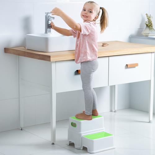 Image of Victostar Toddler Step Stool,2 Kids Step Stool for Bathroom Sink,Baby Potty Stool with Anti-Slip Surface and Rubber Bottom,Plastic Stool with Handle for Toilet Potty Training Bathroom Kitchen
