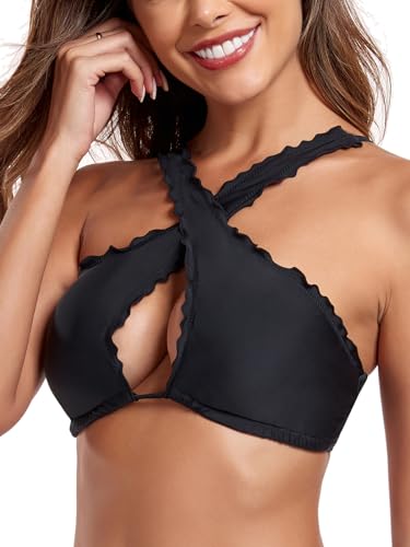 RELLECIGA Women's Wavy Bikini Top Criss Cross Cutout Bathing Suit2