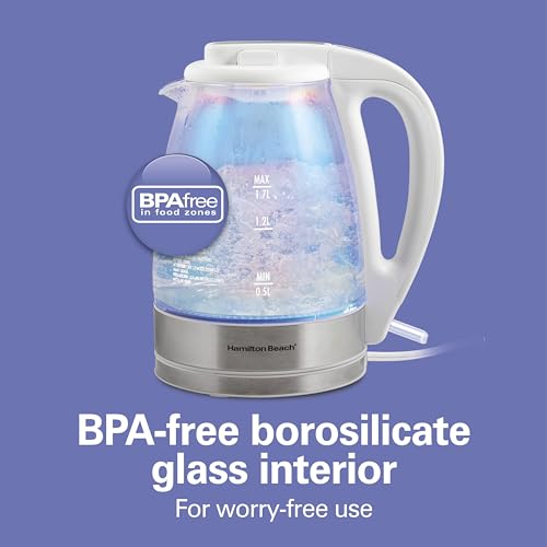 Hamilton Beach 1.7L Electric Tea Kettle, Water Boiler & Heater, LED Indicator, Built-In Mesh Filter, Auto-Shutoff & Boil-Dry Protection, Cordless Serving, Iridescent Clear Glass (41055) by Hamilton Beach - Used condition - Image 4