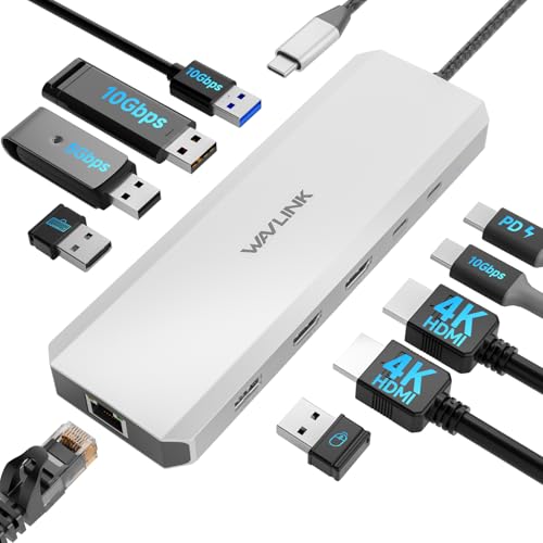 WAVLINK Estación de Acoplamiento para Laptop, concentrador USB C de 10 G con HDMI Dual, 100 W, USB A/C 3.2 de 10 Gbps/5Gbps/Versión de actualización 2.0, Gigabit Ethernet para DELL/HP/Lenovo, etc.,
