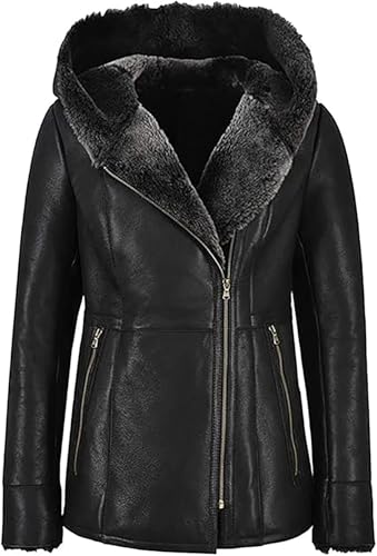 Fancyd Shearling Leather Jacket Women, Schwarz – Echtleder und Kunstfell, S