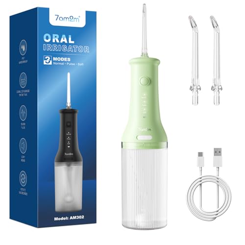 7AM2M Water Dental Flosser Cordless for Teeth with 2 Jet Tips and 3 Modes (Light Green)