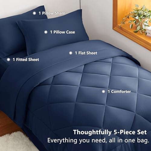 Image of CozyLux Twin Comforter Set with Sheets Navy Blue - 5 Pieces Bed in a Bag Twin, All Season Bed Set for Girls and Boys, Bedding Set with Down Alternative Comforter, Sheets, Pillowcase & Sham