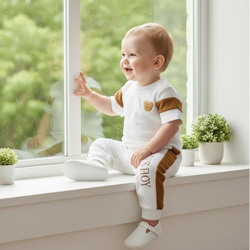 Image of Babieshouse Newborn Baby Boy Clothes Mamas Boy Bear Embroidery Long Sleeve Romper Pants Set Fall Winter Outfits 3-18 Months