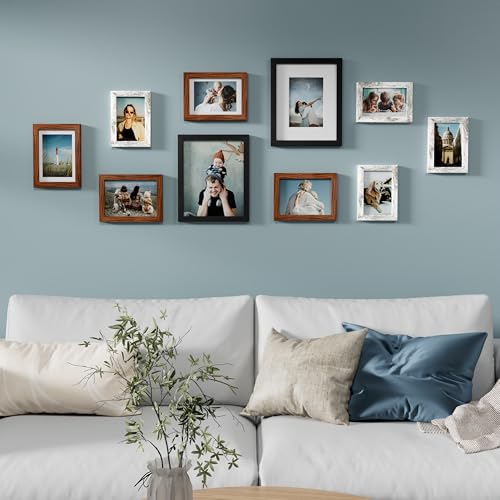 Image of Vittanly 10 Pack Picture Frames, Picture Frames Collage Wall Decor with Two 8x10, Four 5x7, Four 4x6 Frames, Gallery Wall Frame Set for Wall or Tabletop Display, Black, Walnut Brown, Distressed White