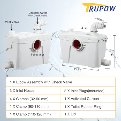Image of Trupow 500W 110V Macerator Sewerage Pump with 4 Water Inlets for Upflush Toilet System Waste Water Marine Toilet Bathroom Disposal Laundry