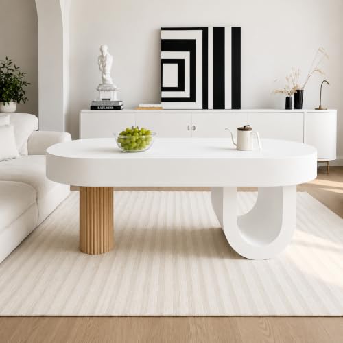 Image of WOODEN SPACE Arcadia Modern Oval Center Table | Designer Coffee Table with Sculptural Base | HDHMR & Wooden Build | Premium Living Room Table