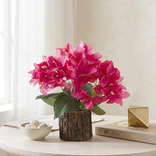 Image of Dekorly Artificial Bougainvillea Flower with Real Wooden Vase (28CM Overall Height) | Decorative Lifelike Faux Floral Plant in Rustic Tree Log Pot for Living Room(Bougainvillea)