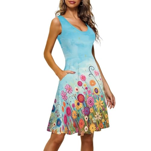 Image of Women's Casual Loose Sundress Midi Sleeveless Crewneck Dress Summer Beach Tank Dress with Pockets
