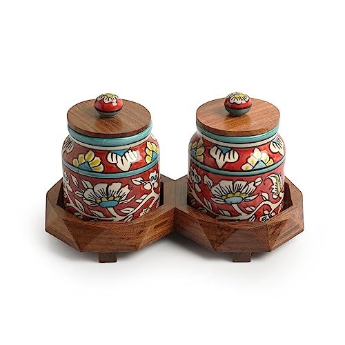 Image of ExclusiveLane 'Mughal Floral' Ceramic Containers with Lid & Tray (Airtight, Set of 2, 440 ML) | Multi Utility Kitchen Container Set Ceramic Jars with Wooden Lid & Container for Kitchen Storage Set