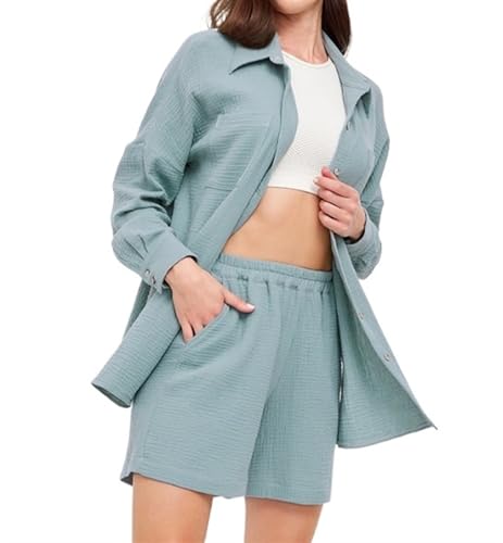 HYKJCSS Albornoz Conjunto De Pijama Dos Piezas con Pantalones Cortos Manga Larga Y Solapa Fina para Mujer, Ropa para El Hogar Ropa(B,M)