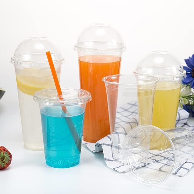 Pack of 50 Strong Plastic Smoothie Cups 20 Oz | 570ml with Dome Lid Ideal for Smoothies Milkshakes and Thick Shakes, Ice Crème Cups for Bars & Restaurants, Summer, Beach Party