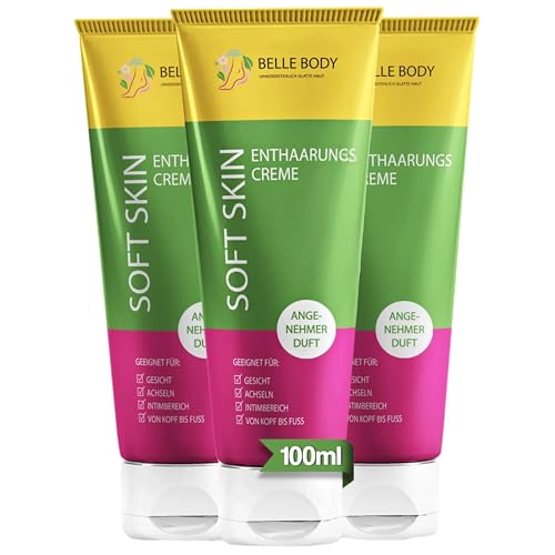 Belle Body Enthaarungscreme für Gesicht, Achseln & Intimbereich 3x100ml – Schnell, Schmerzfrei & Langanhaltend – Für Alle Hauttypen – Vegan & Tierversuchsfrei