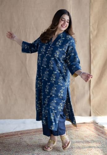Image of Women's Indigo Blue Cotton Ethnic Co-Ord Set | Kurta Pant Set | Kurta Palazzo Set | Stylish Printed Suit Set for Women