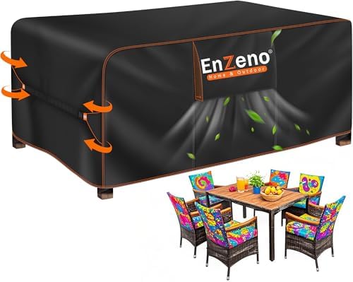 Enzeno Gartenmöbel Abdeckung Wasserdicht, Abdeckplane Gartenmöbel Winterfest, 420D Oxford Gewebe Abdeckhaube Gartentisch Rechteckig, Schutzhülle Tisch für Gartentisch Sitzgruppe 18