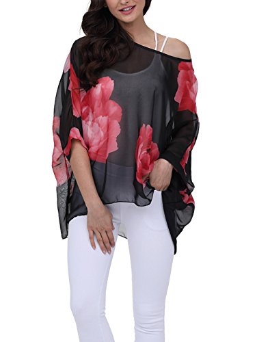 Vanbuy Women Summer Floral Printed Shirt Batwing Sleeve Top Chiffon Poncho Casual Loose Tunic Blouse Prime Z91-4283
