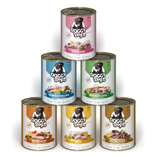 DOGGY Dog Paté Mix 2, 6 x 800 g, Nassfutter für Hunde im Probierpaket, getreidefreies Hundefutter mit Lachsöl und Grünlippmuschel, Alleinfuttermittel mit hohem Fleischanteil, Made in Germany