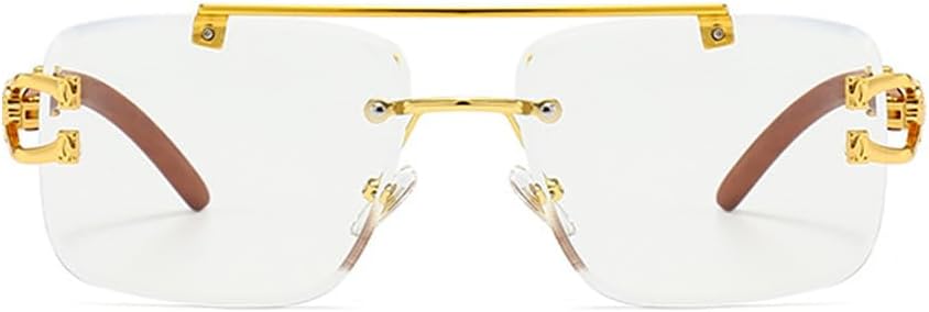 Junsika Oversized Rimless Square Sunglasses for Men Women Classic Retro Designer Imitation Wooden Sunglasses - Image 2