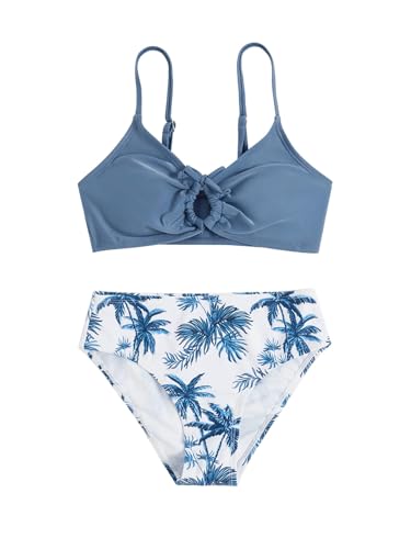 Image of COZYEASE Girls' 2 Piece Ditsy Floral Print Knot Front Ruched Triangle Bikini Swimsuit