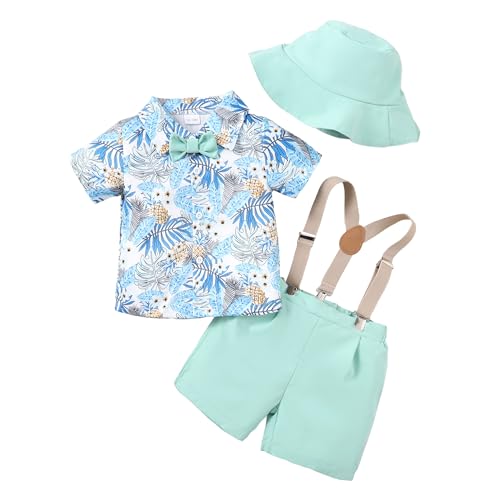 Image of ZOELNIC Baby Boy Clothes Toddler Short Sleeve Button Down Shirt Casual Suspenders Shorts+Caps Summer Outfits 1-4Y Clothes