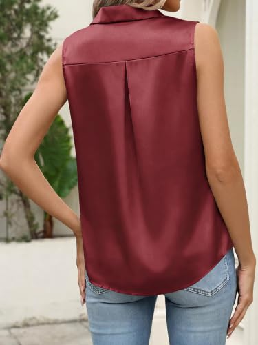 Image of Cicy Bell Womens Satin Sleeveless Button Down Shirts Work Blouse Silky Tops | V Neck, Collared Tank Tops, Professional, Office Clothes, Business Casual Outfits, Under Blazer Tops, Dress Down with Jeans