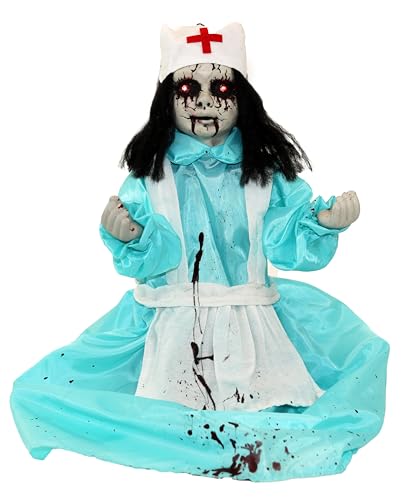 Haunted Hill Farm 1.8 ft. Groundbreaker Zombie Nurse Animatronic with Flashing Red Eyes and Poseable Arms, Creepy Halloween Decoration with Sound Effects, Battery Operated Prop