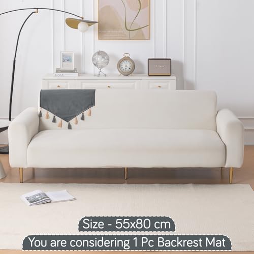 Image of HOKIPO Premium Holland Velvet Sofa Backrest Cover with Tassels - 'TasselTone Series', Graphite Grey (IN-1103-DGRY)