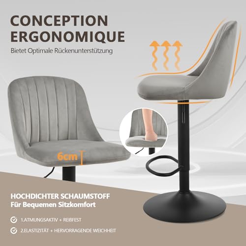 Goeurvant 360°Drehbar Barhocker 2er Set Höhenverstellbar mit Lehne & Fußstütze,Barstühle Samt mit Metallgestell für Bar,Küche,Theke,Esszimmer,Wohnzimmer & Essbereich,Hellgrau