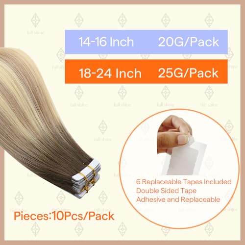 Image of Full Shine Virgin Human Hair Injected Tape in Hair Extensions,22 Inch 25g 10Pcs,Color 2 /18 /22 Brown to Ash Beach Blonde Ombre,Invisible Skin Weft Tape in Extensions for Natural Looking Length
