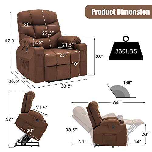 Cdcasa Power Lift Recliner Chair For Elderly With Heated Vibration Massage, Fabric Electric Power Recliner Chairs For Seniors, Side Pockets,Cup Holders, Usb Ports, Remote Control, Brown #TOP1