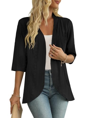 MLXSJ Women's Lightweight 3/4 Sleeve Cardigan Summer Casual Open Front Ruffle Cardigans (Black, XL)