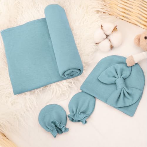 Image of AQOKKA Newborn Receiving Blanket with Bow Hat Mittens Wooden Card Set Newborns Toddler Baby Boy Girl Nursery Swaddle Wrap