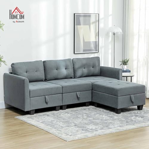 HOMCOM Convertible Modular Sectional Sofa with Storage, Tufted 3 Seater Sofa Set, L Shaped Couch with Ottoman, Wood Frame for Living Room, Dark Grey - Image 2