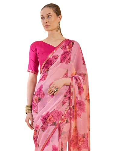 Image of SIRIL Women's Printed Chiffon Saree with Unstitched Blouse Piece