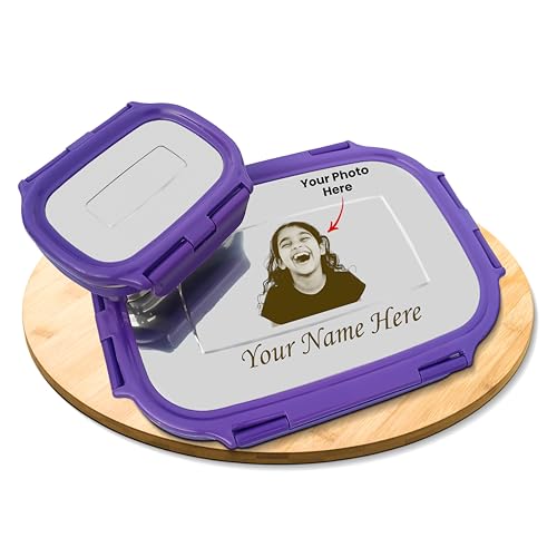 Image of SAVRI Personalized Kids Stainless Steel Lunch Box Purple- Customized Photo & Name Laser Printed Tiffin Box | Leakproof School Snack Storage for Boys & Girls Birthday Return Gift, Daycare &Picnic Use
