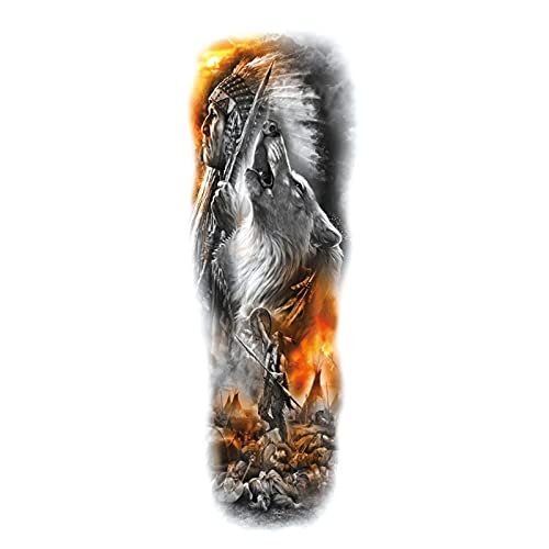 ATCWA 2 Sheets Extra Large Waterproof Full Arm Temporary Tattoos, Realistic Tattoo Stickers Indian Warrior War Fire Roaring Wolf Forest, Personalized Full Sleeve Fake Tattoos for Adult, Men, Women