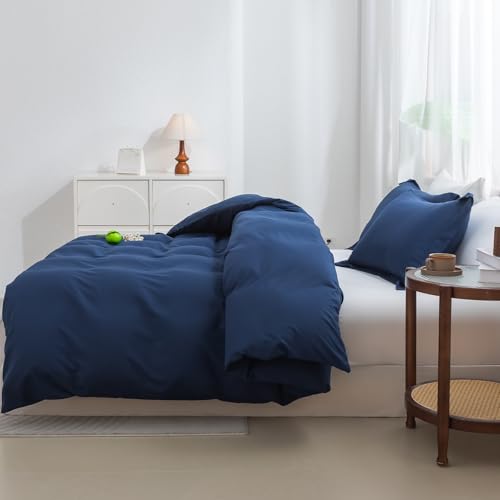 Image of SheRest Navy Duvet Cover Full Size - Soft Brushed Microfiber, 3 Pieces, 1 Duvet Cover 80x90 Inches with Zipper Closure 8 Ties & 2 Pillow Shams, Breathable Bedding Set for All Season (No Comforter)